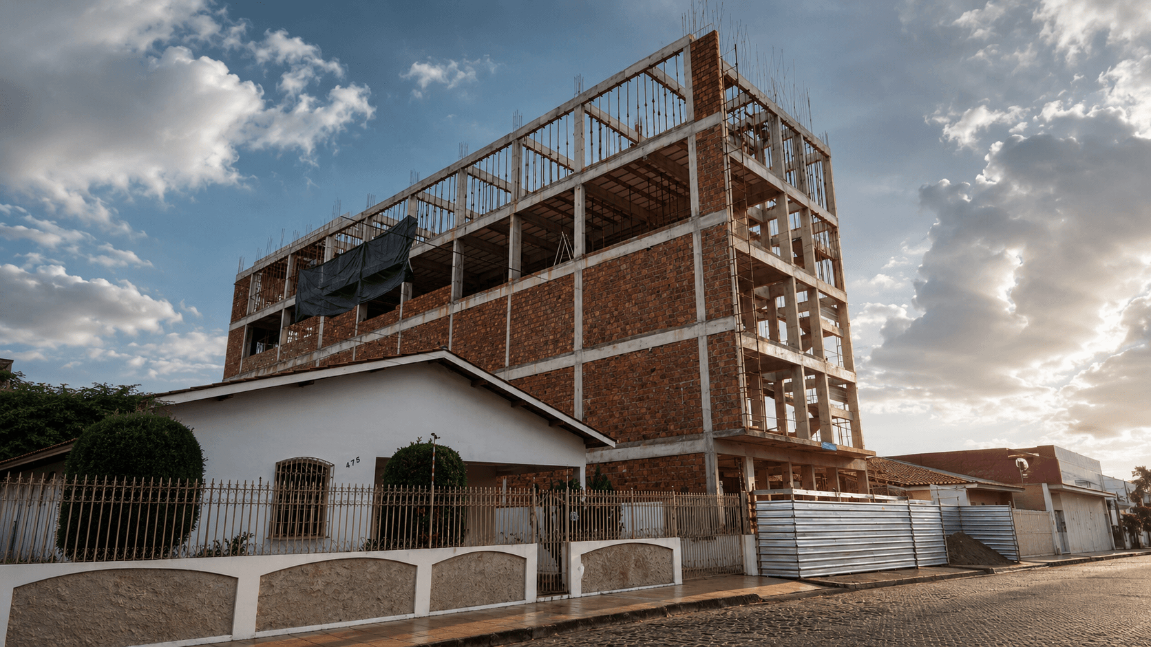 Imagem tratada de edifício corporativo em construção, com estrutura de concreto armado e alvenarias em execução.